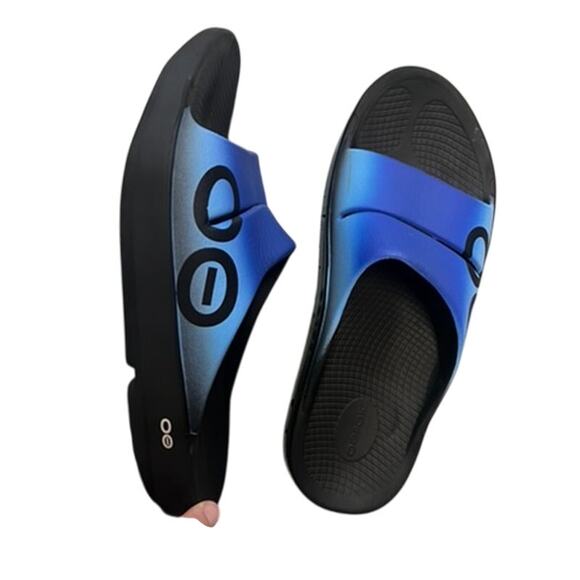 OOFOS OOahh Sport Intl Azul US Men's 14 Womens 16 EU 47 slip on slide Blue black - Picture 1 of 8